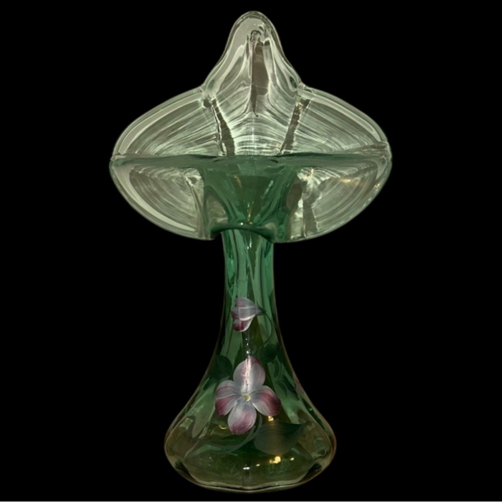 Fenton “Jack In The Pulpit” Hand Painted Sea‎ Mist Green Vase ~ Signed